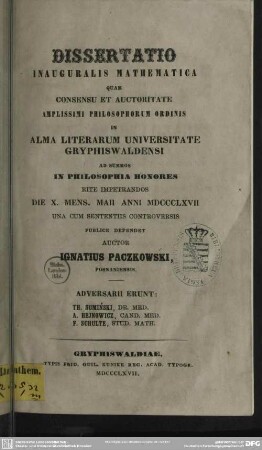 Dissertatio inauguralis mathematica : Tractantur curvae quarti gradus ex sententia principiorum, quae sunt proposita in Cremonae libro: Introduzione ad una teoria geometrica delle curve piane : Praemisso additamento ad theoriam generalem