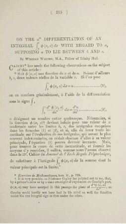 On the ... differentiation of an integral ... with regard to a, supposing a to lie between b and c.