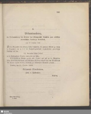 A. Bekanntmachung, die Versammlung der Stände des Königreichs Sachsen zum nächsten ordentlichen Landtage betreffend