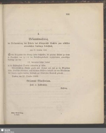 A. Bekanntmachung, die Versammlung der Stände des Königreichs Sachsen zum nächsten ordentlichen Landtage betreffend