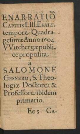 Enarratio Capitis LIII. Esaiae, tempore Quadragesimae Anno 1604.