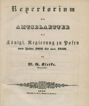 1816/40: Repertorium der Amtsblätter der Königl. Regierung zu Posen