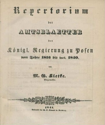 1816/40: Repertorium der Amtsblätter der Königl. Regierung zu Posen