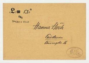 Briefkarte von Johannes Baader an Hannah Höch. Berlin. Briefkopf: Club Dada.