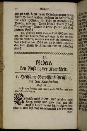 II. Gebete, bey Anfang der Krankheit. - III. Gebete bey anhaltender Krankheit.