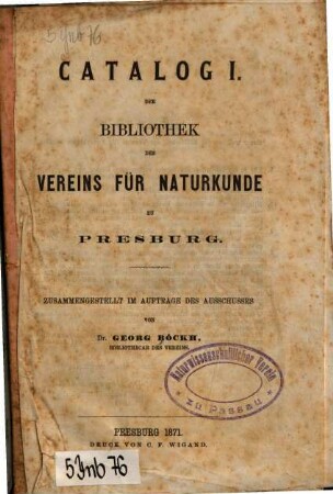 Catalogi der Bibliothek des Vereins für Naturkunde zu Pressburg