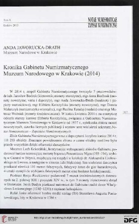 10: Kronika Gabinetu Numizmatycznego Muzeum Narodowego w Krakowie (2014)