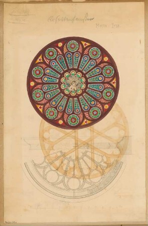 Rosettenfenster Monatskonkurrenz Juli 1868: Ansicht, Ansicht (Ausschnitt), Schnitt; Maßstabsleiste