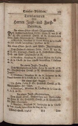 Titulaturen derer Herren Jagd- und Forst-Bedienten.