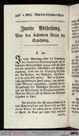 Zweite Abtheilung: Von den besonderen Arten der Erziehung.
