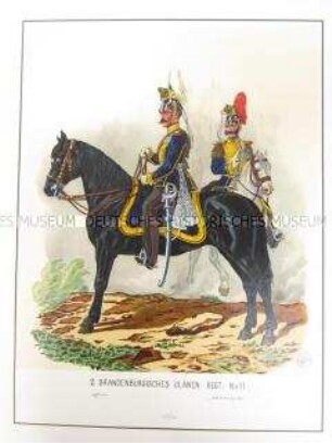 Uniformdarstellung, Offizier und Stabstrompeter des 2. Brandenburgischen Ulanen-Regiments No. 11 zu Pferd, Preußen, 1864. Tafel 45 aus: Schindler: Militair-Album.