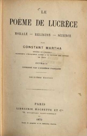 Le Poëme de Lucrèce Morale-Religion-Science : Ouvrage couronné par l'Académie française