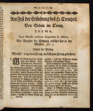 129-138, Am Fest der Erfindung des H. Creutzes. Von Gedult im Creutz. Thema. Sicut Moyses exaltavit serpentem in deserto