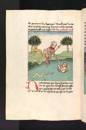 Der Pilger zieht den Goldschmied aus dem Brunnen, dabei Affe, Natter, Schlange; (Kapitel XIV: Von dem Goldschmied, dem Affen, der Natter und Schlange)