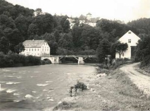 Rauenstein. Schloß Rauenstein mit Flöha und Brücke über die Flöha