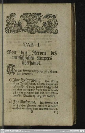 Tab. I. Von den Nerven des menschlichen Körpers überhaupt