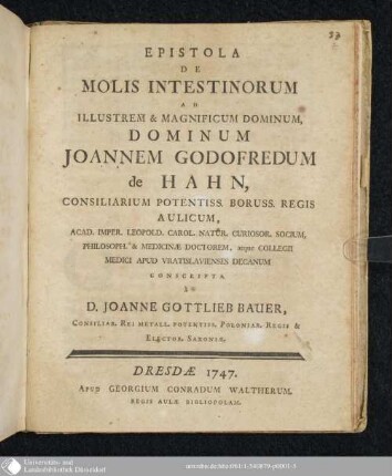 Epistola de Molis Intestinorum : Ad Illustrem & Magnificum Dominum, Dominum Joannem Godofredum de Hahn
