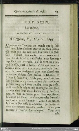 Lettre XXXIV. La même. A M. De Coulanges. A Grignan, le 3. Février, 1695