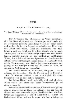 XXII. Asyle für Obdachlose.
