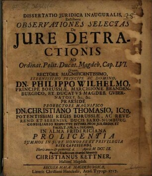 Diss. iur. inaug. exhibens observationes selectas de iure detractionis