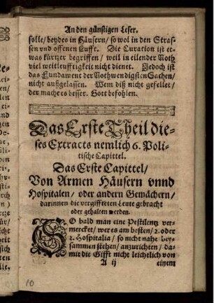 Das Erste Theil dieses Extracts nemlich 6. Politische Capittel.