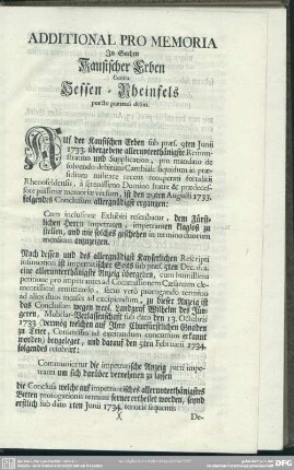 Additional Pro Memoria In Sachen Kausischer Erben Contra Hessen-Rheinfels puncto praetensi debiti [Num. 3.]
