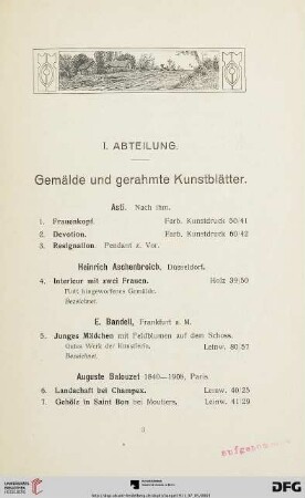 I. Abteilung. Gemälde und gerahmte Kunstblätter (Nr. 1-70)