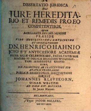 Diss. iur. de iure hereditario et remediis pro eo competentibus