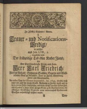I. Trauer-und Notifications-Predigt: Der frühzeitige Tod edler Kinder Zions