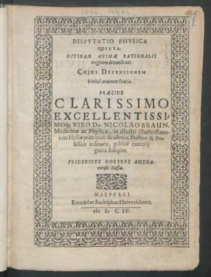Disputatio Physica Quinta. Divinam Animae Rationalis originem demonstrans
