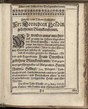 Lebens- und Todes-Geschichte Fr. Dorotheen Heldin gebohrnen Blanckensteinin.