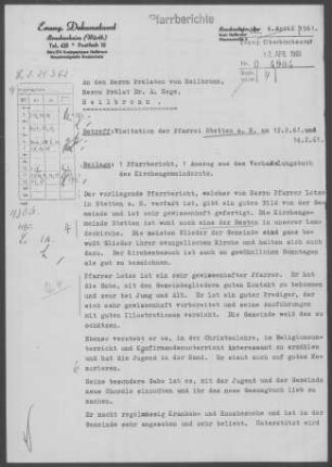 Stetten/Heuchelberg: Pfarrbericht 1961