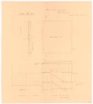 Haus Dr. Frentzel, Elbing: Querschnitt 1:500, Schnitt A-B 1:50 (Längsschnitt), Grundriss mit Umfangsmauern 1:50