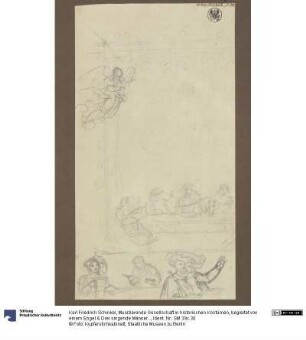 Musizierende Gesellschaft in historischen Kostümen, begleitet von einem Engel & Drei singende Männer in historischen Kostümen