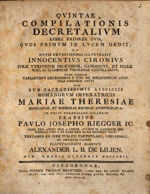 Quintae compilationis Decretalium libri priores duo : quos primum in lucem dedit ... Innocentius Cironius