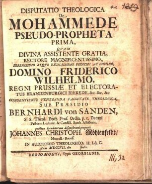 Disputatio Theologica De Mohammede Pseudo-Propheta Prima