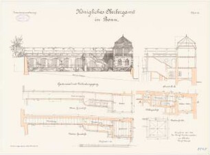 Oberbergamt, Bonn: Gartensaal mit Verbindungsgang: Grundriss Kellergeschoss, Dachgeschoss, unterer, oberer Grundriss, Längsschnitt, Ansicht 1:100