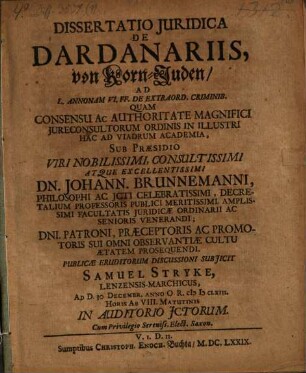 Diss. iur. de dardanariis, von Korn-Juden : ad l. annonam VI. ff. de extraord. criminib.