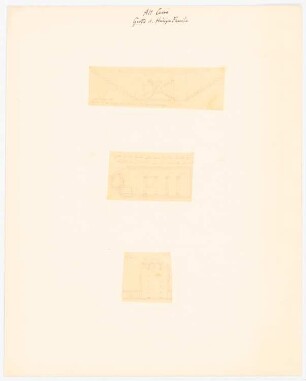 Grotte der Heiligen Familie unter einer koptischen Kirche, Alt-Kairo: Drei Blätter: Querschnitt (nach: Histoire de l’Egypte sous le gouvernement de Mohammed Aly, von Félix Mengin, Paris 1823), Längsschnitt, Grundriss, Maßstabsangabe