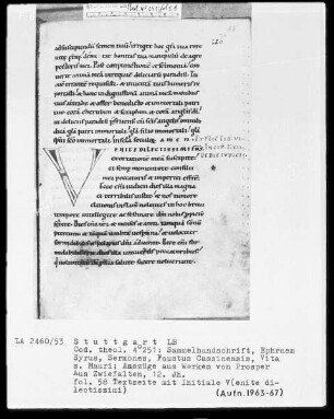 Ephraim Syrus, Sermones und Faustus Cassinensis, Vita Sancti Mauri etcetera — Initiale V (enite dilectissimi), Folio 58recto