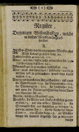 Register, derjenigen Wissenschafften, welche in diesem Wercklein begrieffen sind.