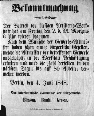 Bekanntmachung Der Betrieb der hiesigen Artillerie-Werkstatt hat am Freitag ...wieder begonnen. (Sammlung Friedlaender)