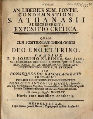 An Liberius Summus Pontifex condemnationi S. Athanasii subscripserit expositio crit.