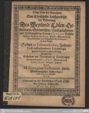 Vom Todt der Gerechten : ein christlich Leichpredigt bey Bestattung ... Cunradi Passels ...
