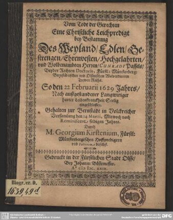 Vom Todt der Gerechten : ein christlich Leichpredigt bey Bestattung ... Cunradi Passels ...