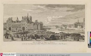 Vuë de l'hôtel de Ville de Paris. où l'on voit dans l'Eloignement le Pont Marie et le Pont de bois dit le Pont Rouge