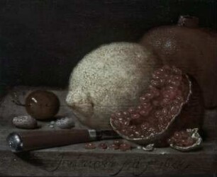 Stilleben mit Granatäpfeln und Zitrone