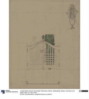 Darmstadt, Wohnhaus Olbrich, Gartenpforte, Aufriss, Grundriss und Detail