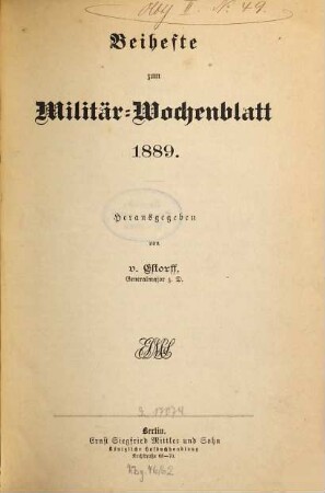 Militär-Wochenblatt. Beiheft : unabhängige Zeitschr. für d. dt. Wehrmacht. 1889