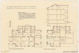 Umbau eines Landhauses Monatskonkurrenz Februar 1933: Grundriss Erdgeschoss (= Obergeschoss), Dachgeschoss, Querschnitt 1:100; Maßstabsleiste, Erläuterungstext